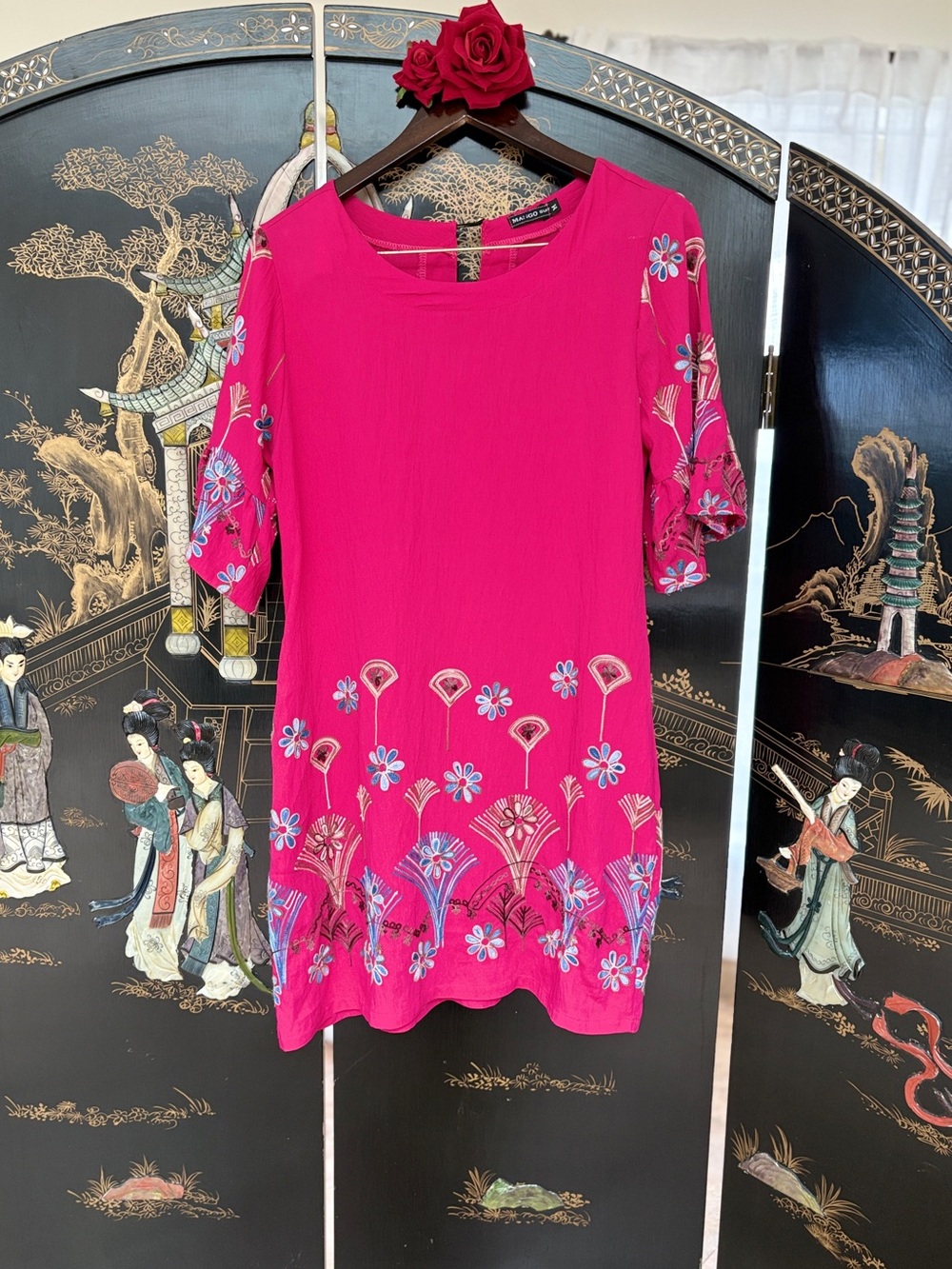 Mango Suit Fuchsia Embroidered Shift Dress Boho Mod Art Deco Retro Chic XS